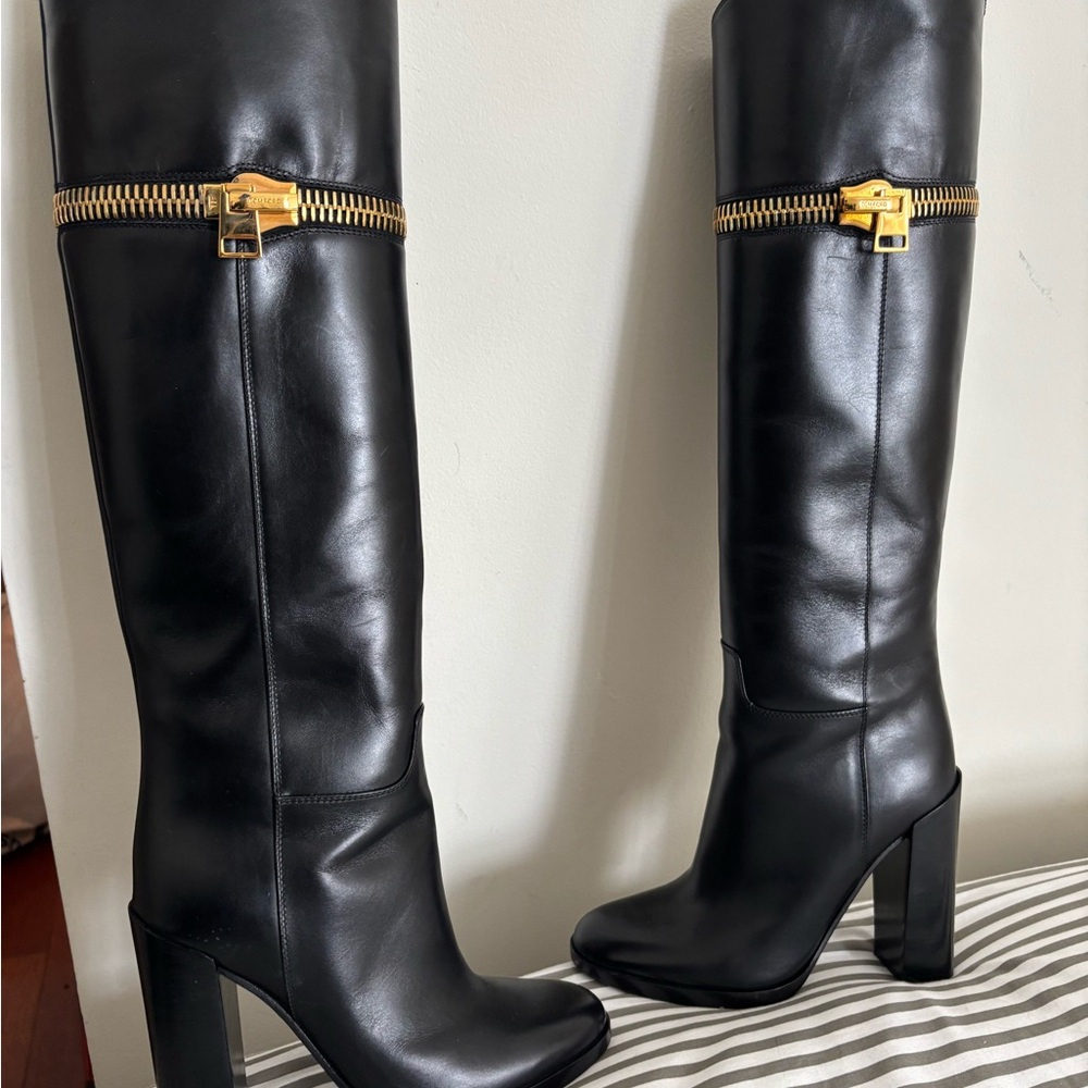 Tom Ford Black Leather Knee-High Boots with Gold Accents